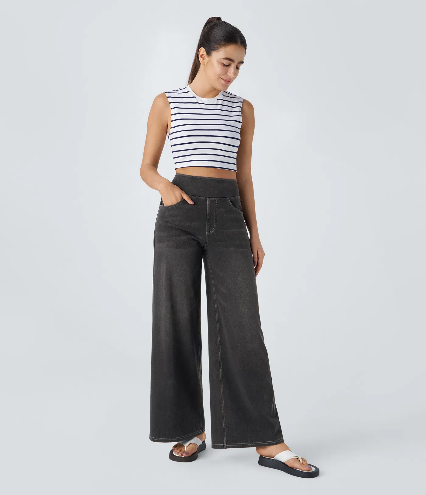 High Waisted Pockets Baggy Wide Leg Washed Casual Jeans