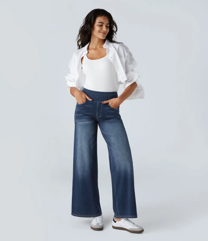 High Waisted Pockets Baggy Wide Leg Washed Casual Jeans