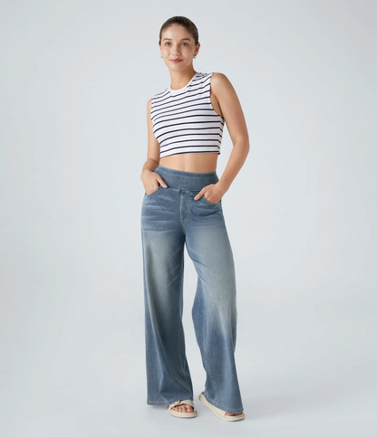 High Waisted Pockets Baggy Wide Leg Washed Casual Jeans