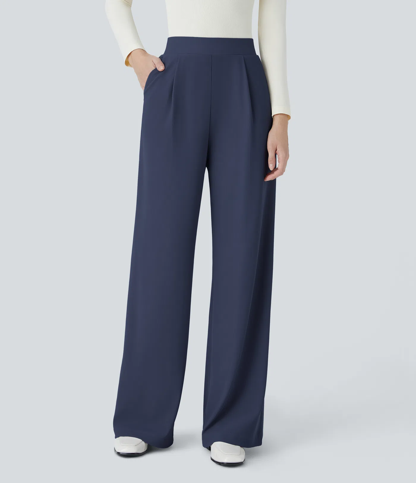 High Waisted Body Sculpt Waist-Slimming Pocket Wide Leg Micro Waffle Work Pants