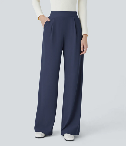 High Waisted Body Sculpt Waist-Slimming Pocket Wide Leg Micro Waffle Work Pants