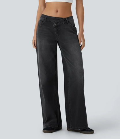 Asymmetric Low Rise Zipper Pockets Baggy Wide Leg Washed Casual Jeans