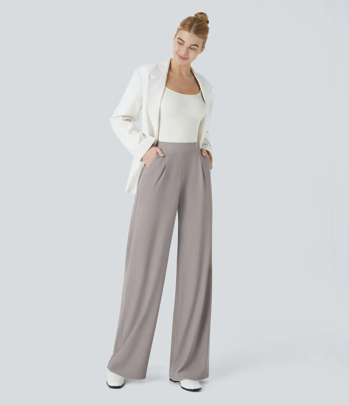 High Waisted Body Sculpt Waist-Slimming Pocket Wide Leg Micro Waffle Work Pants