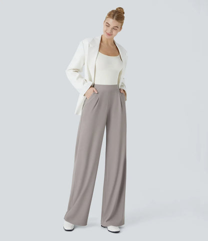 High Waisted Body Sculpt Waist-Slimming Pocket Wide Leg Micro Waffle Work Pants