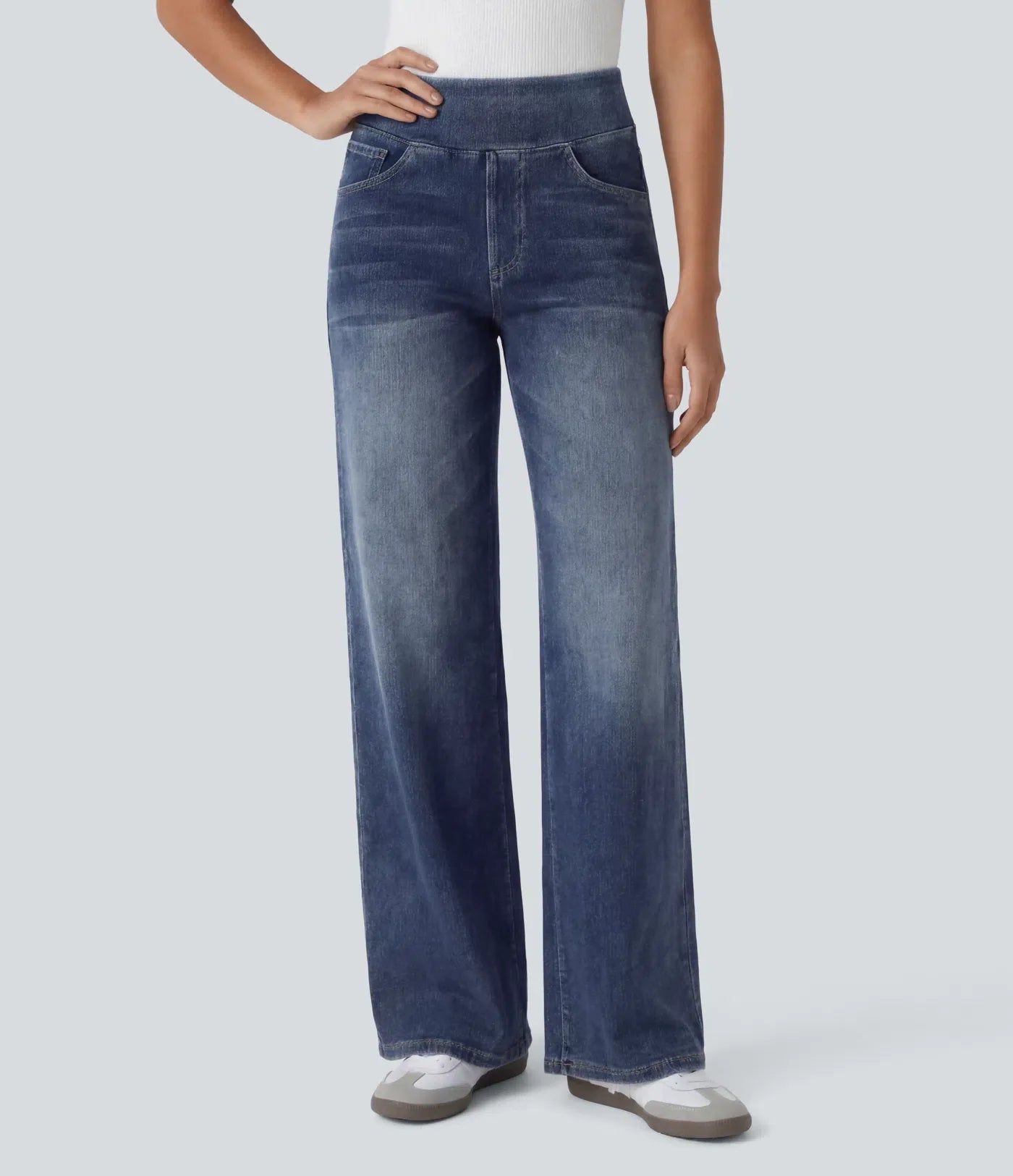 High Waisted Pockets Baggy Wide Leg Washed Casual Jeans