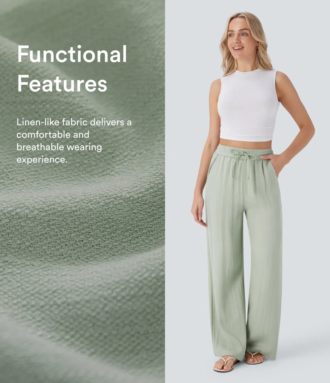 High Waisted Drawstring Pocket Wide Leg Casual Linen-Feel Pants