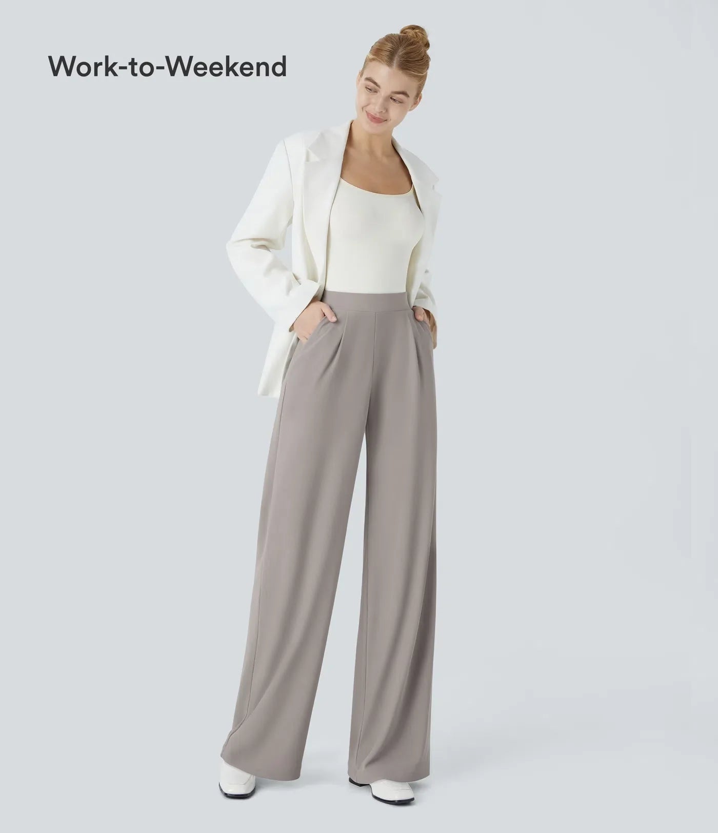High Waisted Body Sculpt Waist-Slimming Pocket Wide Leg Micro Waffle Work Pants