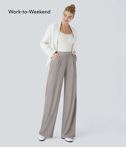 High Waisted Body Sculpt Waist-Slimming Pocket Wide Leg Micro Waffle Work Pants